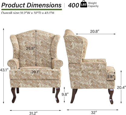 Accent Chair, High Back Upholstered Armchair with High Resilience Sponge & Wood Legs, Mid-Century Modern Comfy Single Sofa Reading Chairs for Living Room, Bedroom (Floral Sand, Set of 2)