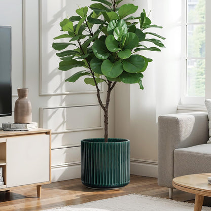 LuxenHome 13.5" Dia Round Ceramic Plant Pots, Large Indoor Outdoor Decorative Planters with Drainage Holes and Rubber Plug, Modern Jade Green Glazed Ribbed Flower Pots Planters for Home Garden Patio