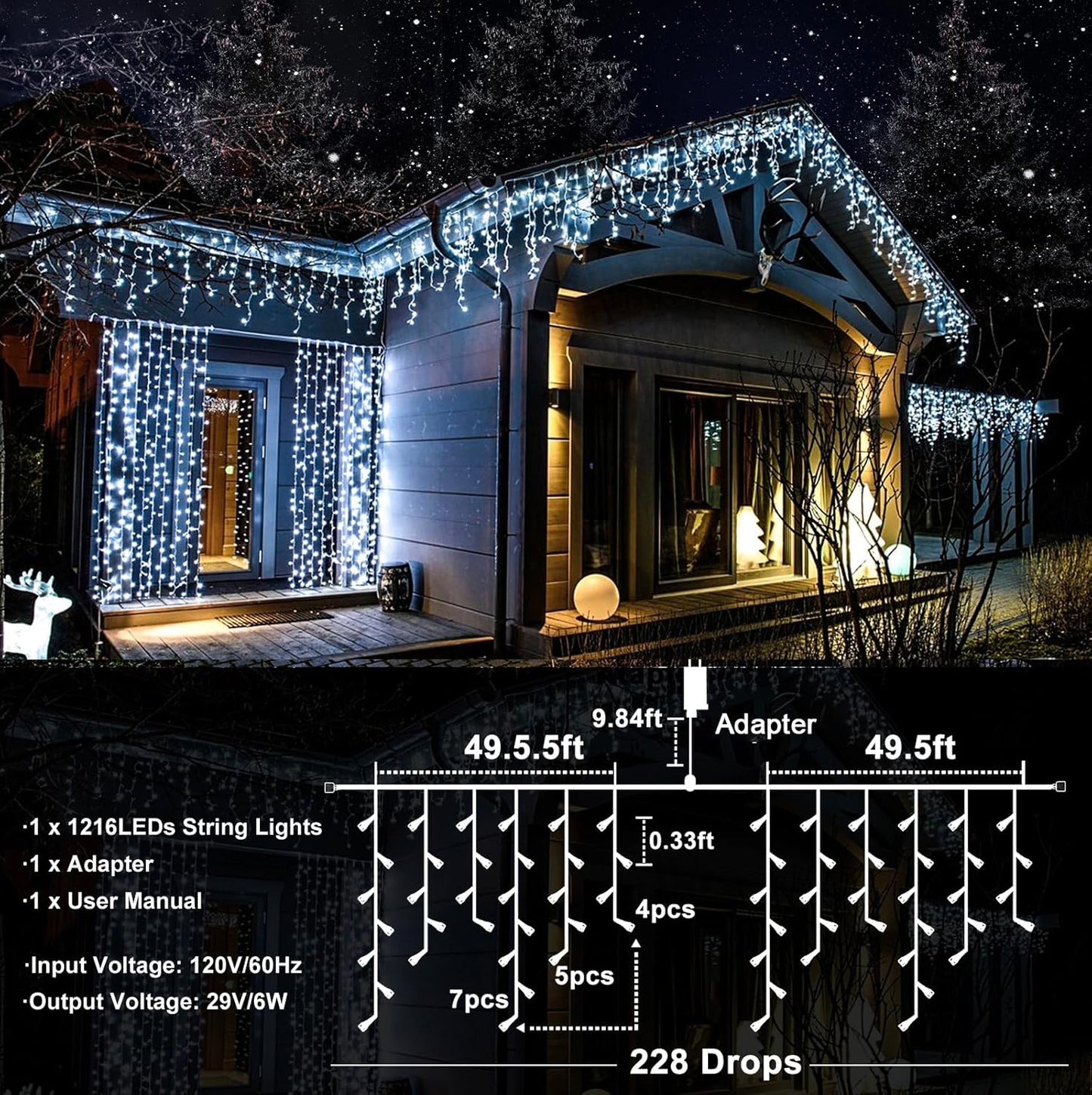 99ft 1216 LED Icicle Christmas Lights Outdoor - 8 Modes Icicle Lights with 228 Drops, Waterproof Plug in Fairy Curtain Light with Timer Memory for Party Holiday Wedding Decorations, Cool White