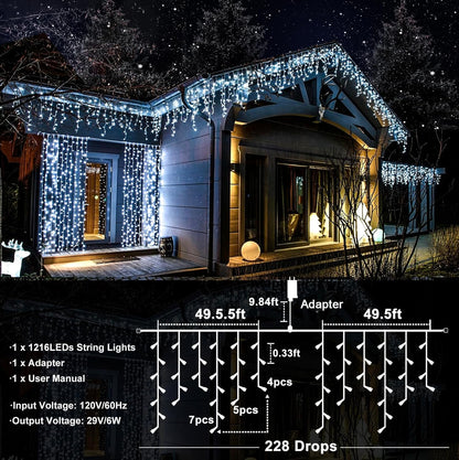 99ft 1216 LED Icicle Christmas Lights Outdoor - 8 Modes Icicle Lights with 228 Drops, Waterproof Plug in Fairy Curtain Light with Timer Memory for Party Holiday Wedding Decorations, Cool White