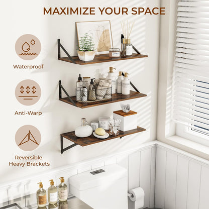 Heimlove 24" W x 12" D Wall Shelves for Books, 12 Inch Deep Floating Shelves Set of 3, Wide Floating Bookshelf with Metal Bracket for Living Room, Kitchen, Office, Bedroom and Decor - Rustic Brown