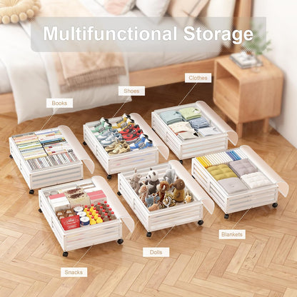 Under Bed Storage Containers With Wheels - 2 Pcs Bamboo Wood Rolling Underbed Shoe Storage Bins With Dust Bags for Clothes Blankets, Duvet Covers Snacks Toys (White)