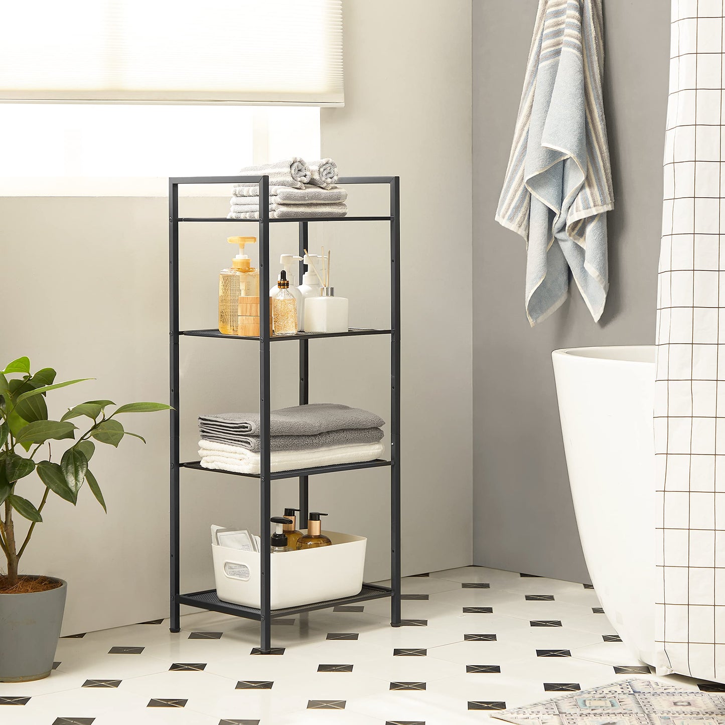 SONGMICS 4-Tier Storage Rack, Bathroom Shelf, Extendable Plant Stand with Adjustable Shelf, for
