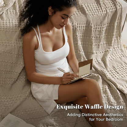 PHF 100% Cotton Waffle Weave Blanket Queen Size, Soft Lightweight Breathable Cozy Summer Blankets for Bed, Luxury Aesthetic Woven Bedding for Home Decor, 90"x90", Simply Taupe