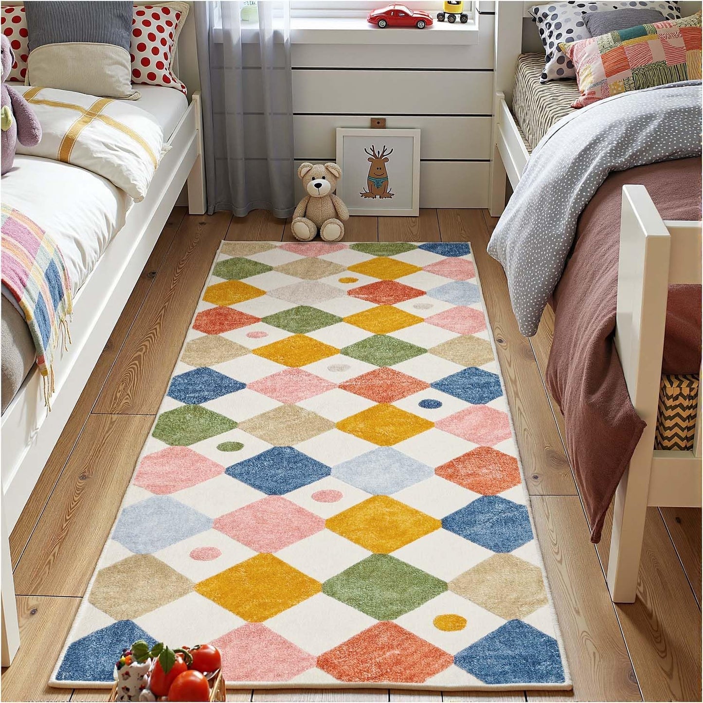jinchan 2x6 Runner Rug Kids Hallway Washable Rug Indoor Soft Non Slip Modern Diamond Carpet for Nursery Room Bedroom Kitchen Laundry Room Circus on Cream