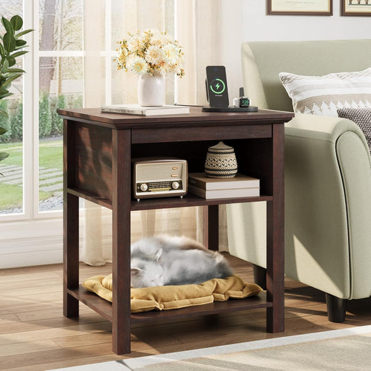 Rresyet Sliding Side Table with Charging Station & 2-Tier Storage,Farmhouse End Table, Wooden Nightstand for Bedroom & Living Room,Cherry