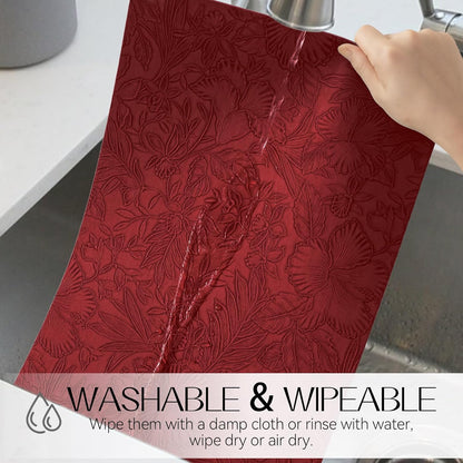 Romanstile Vinyl Placemats Set of 8-12 X 18 Inch - Heat Resistant Non-Slip Embossed Floral Place Mats 100% Waterproof Oilproof Wipeable Faux Leather Table Mats for Kitchen/Dining/Party, Red