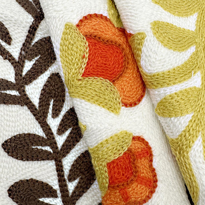 Alysheer Floral Embroidered Fall Decorative Throw Pillow Cover 18"x 18", Farmhouse Cottage Orange Flowers Brown Leaves Knit Pattern Cotton Canvas Cushion Case for Sofa Couch Bed Living Room Decor