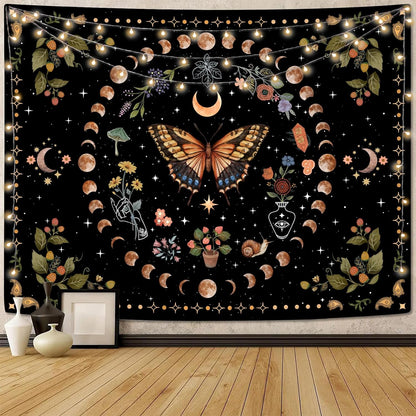 Aipon Yellow Butterfly Moon Flower Tapestry Botanical Floral Plant Boho Tapestry for Bedroom Aesthetic Vintage Tapestries Wall Hanging for Living Room Dorm (68.00'' × 90.00'', Yellow)