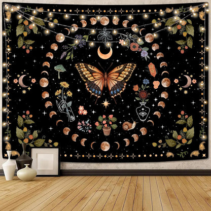 Aipon Yellow Butterfly Moon Flower Tapestry Botanical Floral Plant Boho Tapestry for Bedroom Aesthetic Vintage Tapestries Wall Hanging for Living Room Dorm (44.00'' × 60.00'', Yellow)