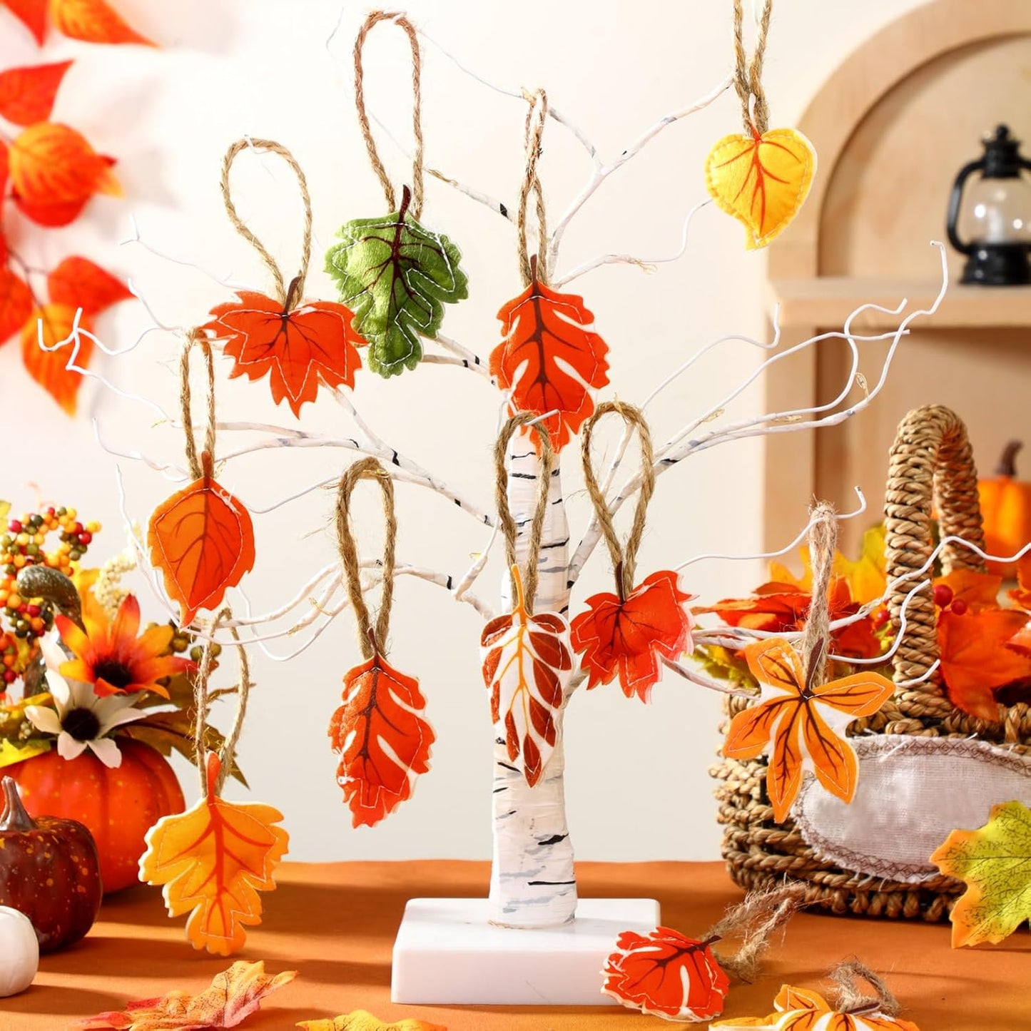 24 Pcs Fall Tree Ornaments Thanksgiving Tree Decoration 3D Felt Maple Leaf Pumpkin Hanging Ornaments for Farmhouse Harvest Autumn Fall Decorations(Maple Leaf)