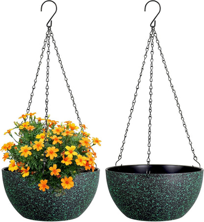 10 inch Hanging Planters for Indoor Outdoor Plants, 2 Pack Hanging Flower Pots with Drainage Holes and Chain for Garden, Plastic Hanging Baskets for House Plants, Black with Green Speckles