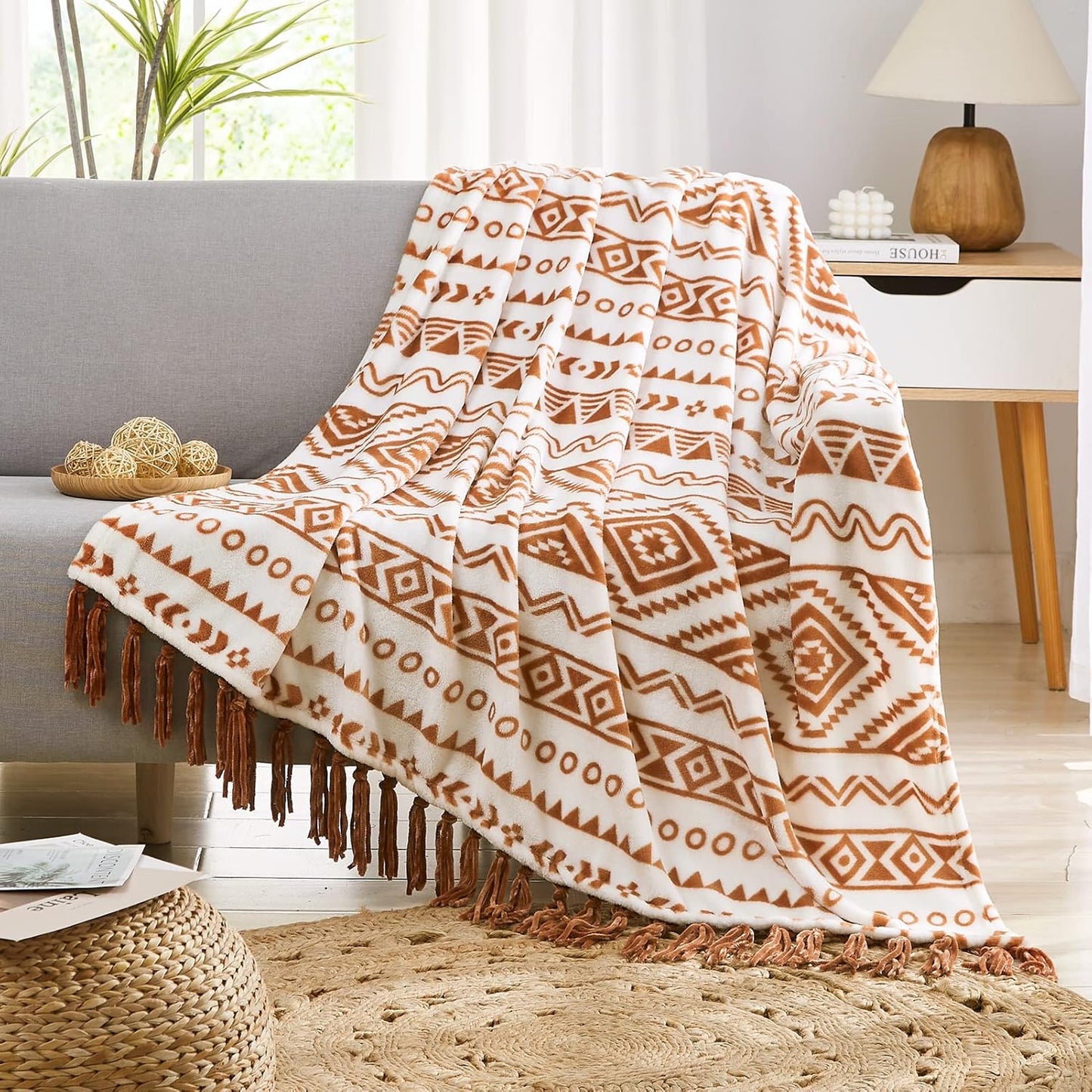CASAAGUSTO Boho Throw Blanket - Terrcotta Decorative Blankets with Tassel, Printed Flannel Bohemian Blanket for Chair, Bed, Sofa, Couch(50 * 60, Terrcotta)