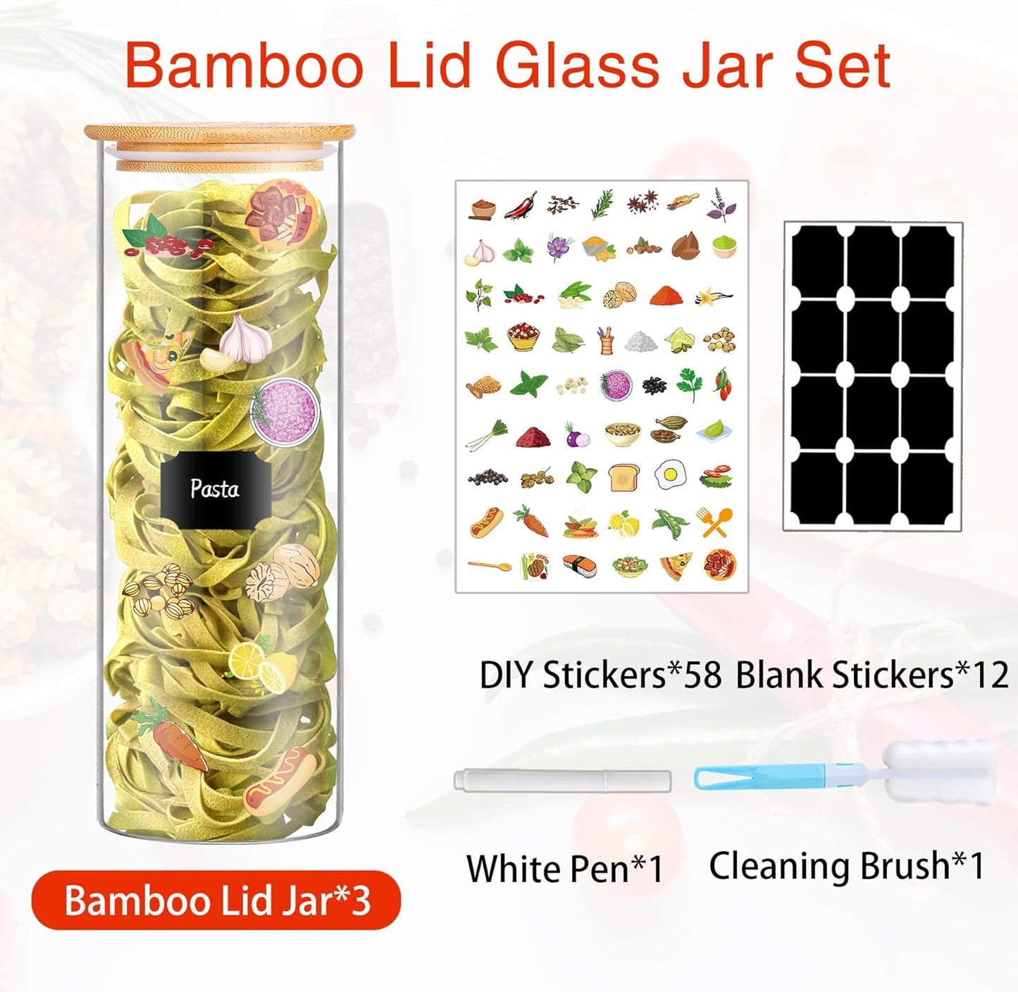 Glass Jars with Bamboo Lids, 72oz 3Pcs Kitchen Glass Containers with Bamboo Lids, Airtight Glass Pantry Storage Containers with Lids for Spaghetti, Pasta, Rice, Nuts, Flour, Bean, Dry Foods