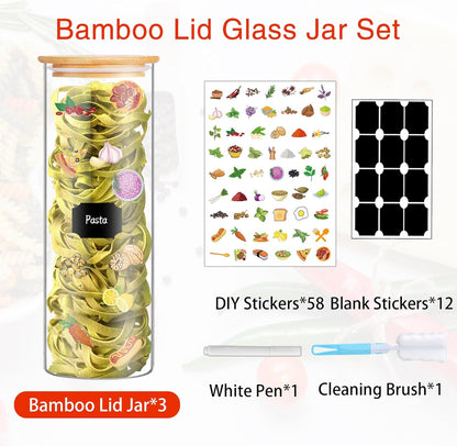 Glass Jars with Bamboo Lids, 72oz 3Pcs Kitchen Glass Containers with Bamboo Lids, Airtight Glass Pantry Storage Containers with Lids for Spaghetti, Pasta, Rice, Nuts, Flour, Bean, Dry Foods