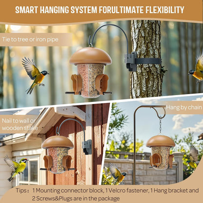 LONA Bird Feeders for Outdoors Hanging – 3 Separate Compartments, 3 Feeding Ports, Weatherproof Dome & 3 Ways to Hang, Large Capacity for Cardinals/Finches (Brown