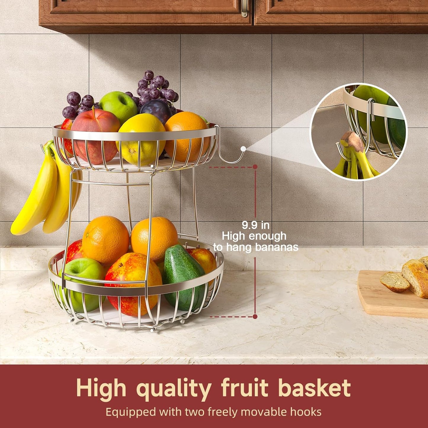 2 Tier Fruit Basket for Kitchen Counter with 2 Banana Hangers, Metal Stackable Fruit Bowl for Kitchen Counter for Bread Vegetable Fruits, Silvery