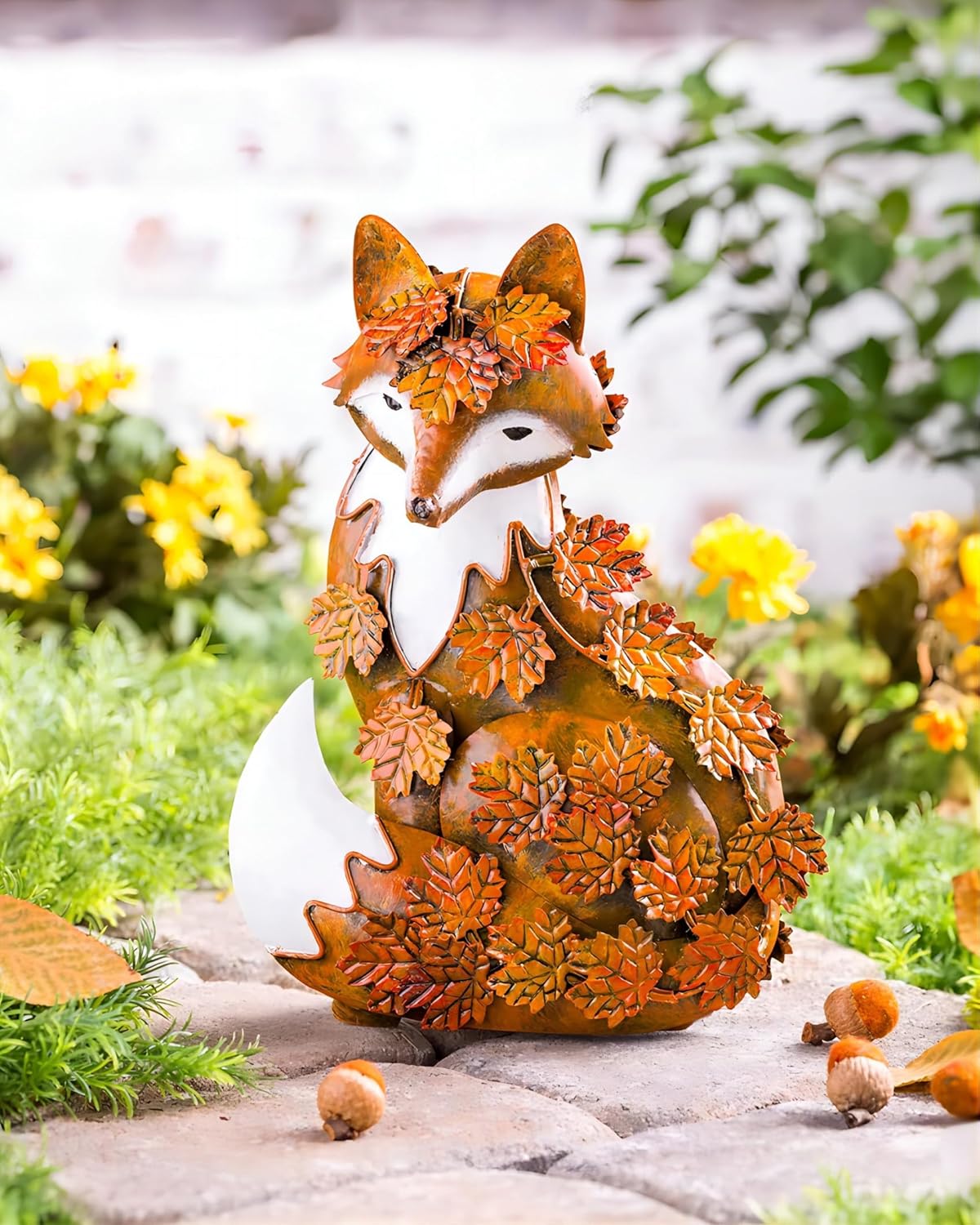 Elenon Metal Fox Statue Art Garden Decoration, Handcrafted Standing Fox Ornament Decor with Fall Leaves, Mid Century Fox Figurine Outdoor Decor for Patios, Lawns, Flower Bed