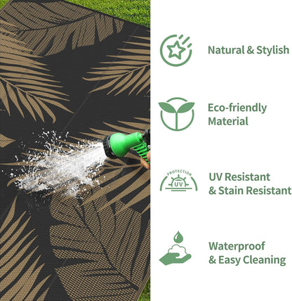 GENIMO Outdoor Rug 8' x 10' Waterproof for Patios Clearance, Reversible Outdoor Plastic Straw Camping Rug Carpet, Large Area Rugs Mats for RV, Camper, Deck, Balcony, Porch, Beach, Picnic, Black&Brown