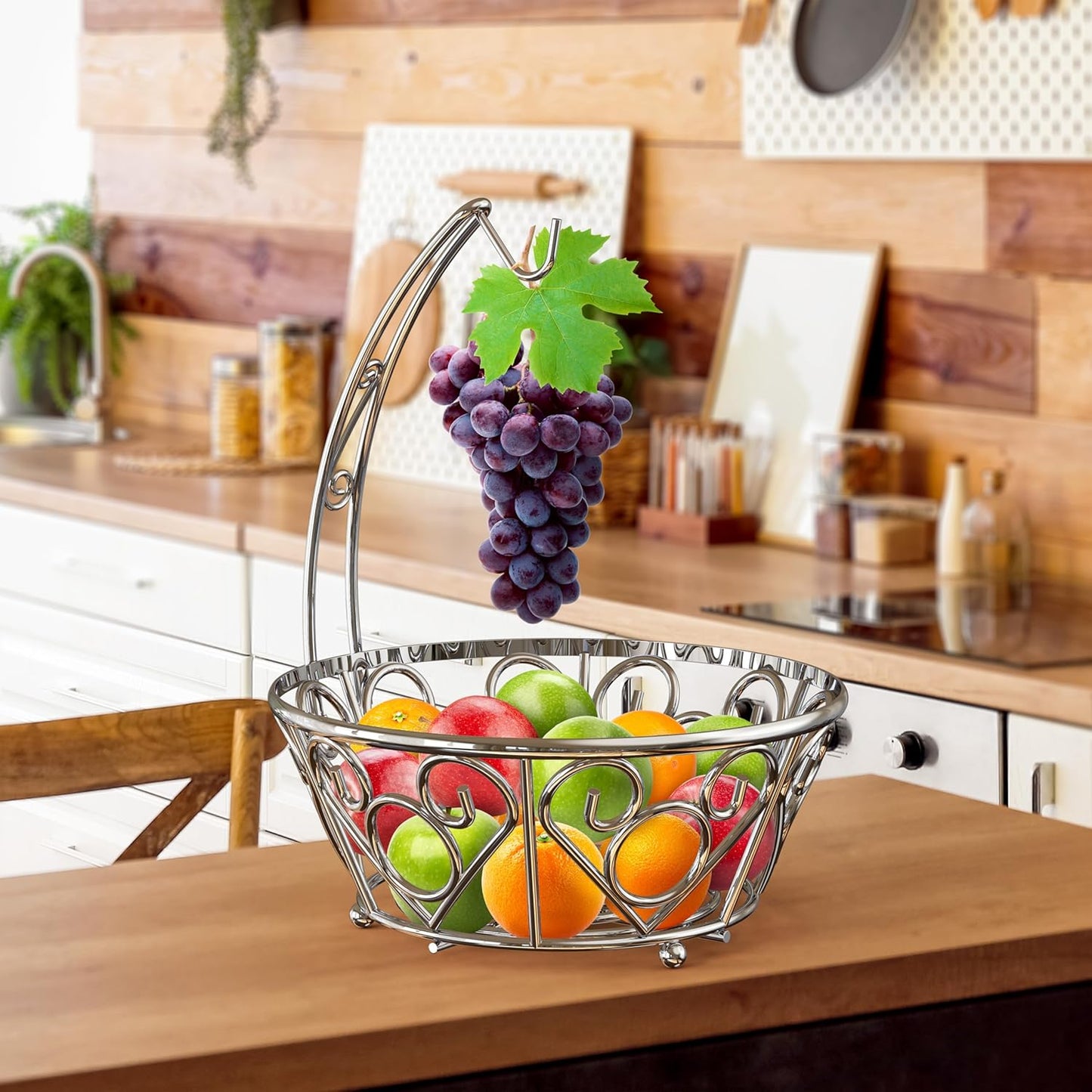Simple Houseware Fruit Basket Bowl with Banana Tree Hanger, Chrome Finish