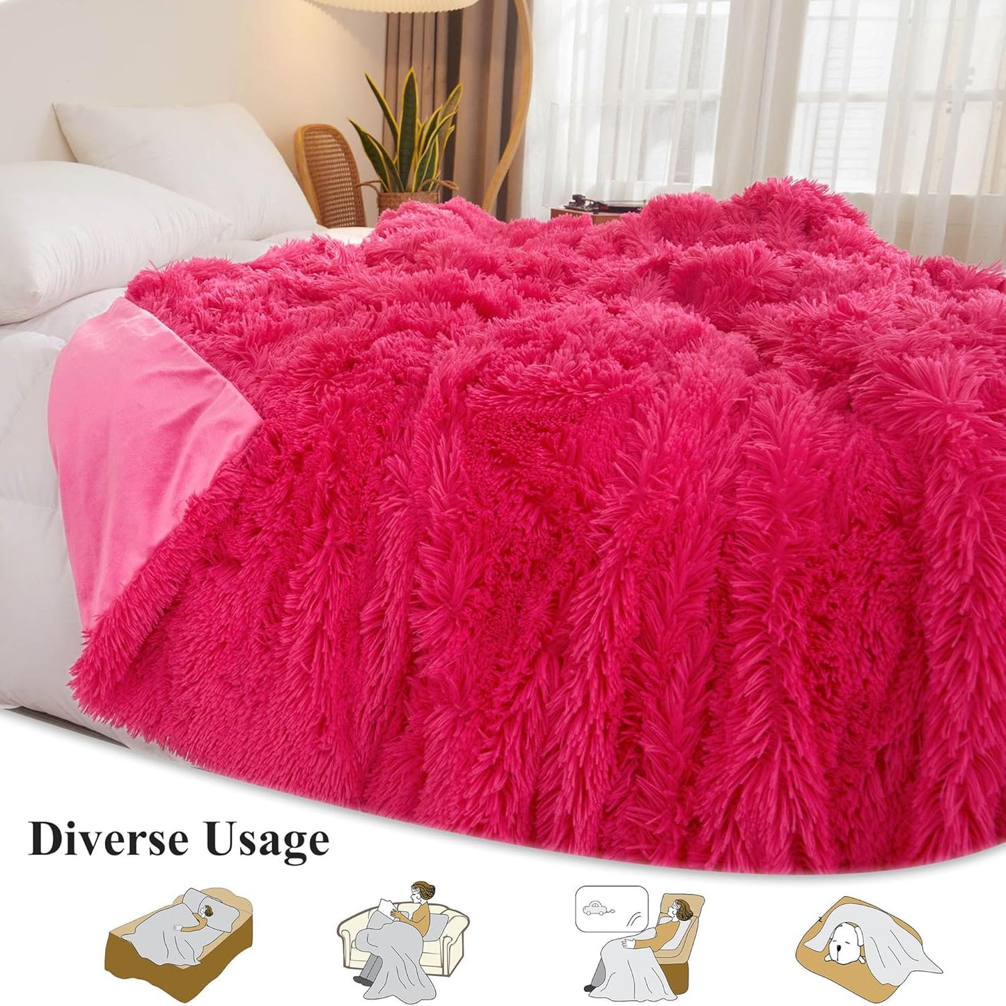 XeGe Luxury Faux Fur Blanket, Hot Pink Soft Big Fluffy Throw, Shaggy Plush Decorative Couch Throw, Cute Furry Fuzzy Bed Blanket for Bedroom Living Room, Hot Pink, 60x90