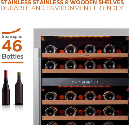 Ca'Lefort Wine Fridge & Cooler - 24 Inch 46 Bottle Wine Cooler Refrigerator, 40-65°F Dual Zone Wine Refrigerator Glass Door, 3 LED Built-in or Freestanding Fridge for Home/Bar/Kitchen (5.65 cu.ft)