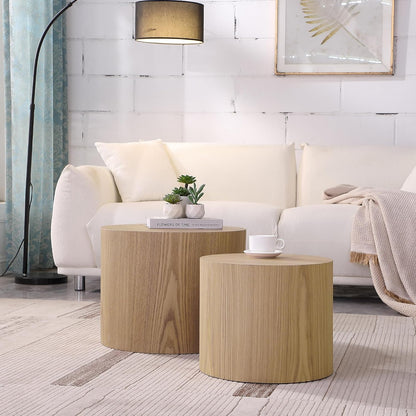 WILLIAMSPACE Nesting Coffee Table Set of 2, Round Wooden Coffee Tables Circle Modern Table for Small Space Living Room Bedroom Accent End Side Table (Wooden Color-Round)
