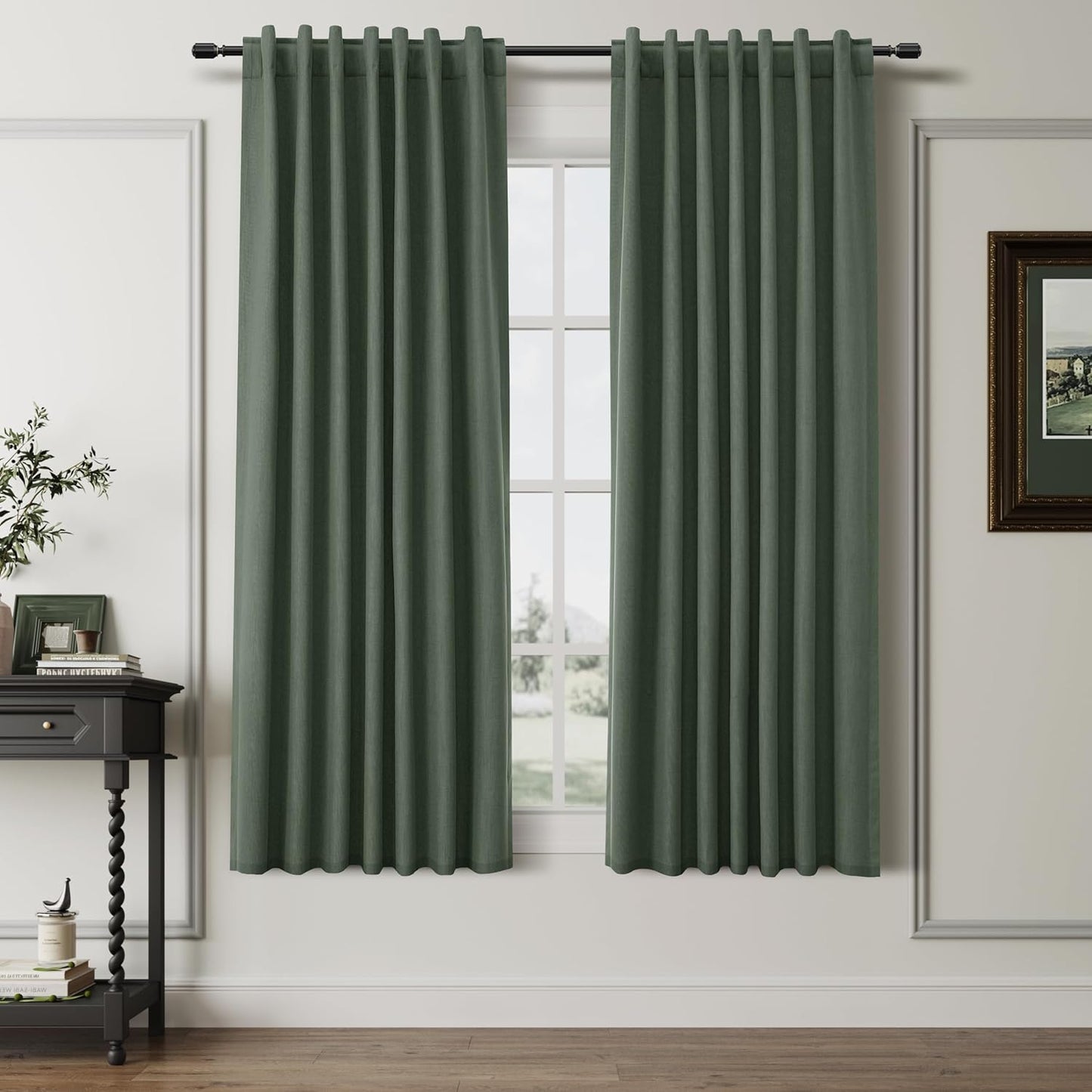BOODII 63 Inch Blackout Curtains Olive Green Linen Black Out Curtains for Bedroom 2 Panels Set Modern Room Darkening Curtain Thermal Insulated Curtain for Winter Window Drapes Back Tab Loden 52x63
