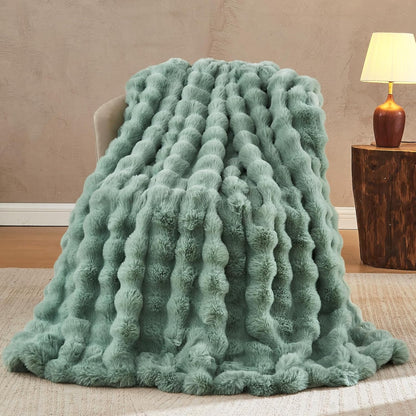Lotus Karen Faux Fur Throw Blanket Sage Green - Big Bubble Rabbit Fluff Blanket for Couch Bed Sofa,Softest Fluffy Fuzzy Cozy Blanket, Plush Thick Furry Shaggy Warm Blankets for Women,50x60 Inches