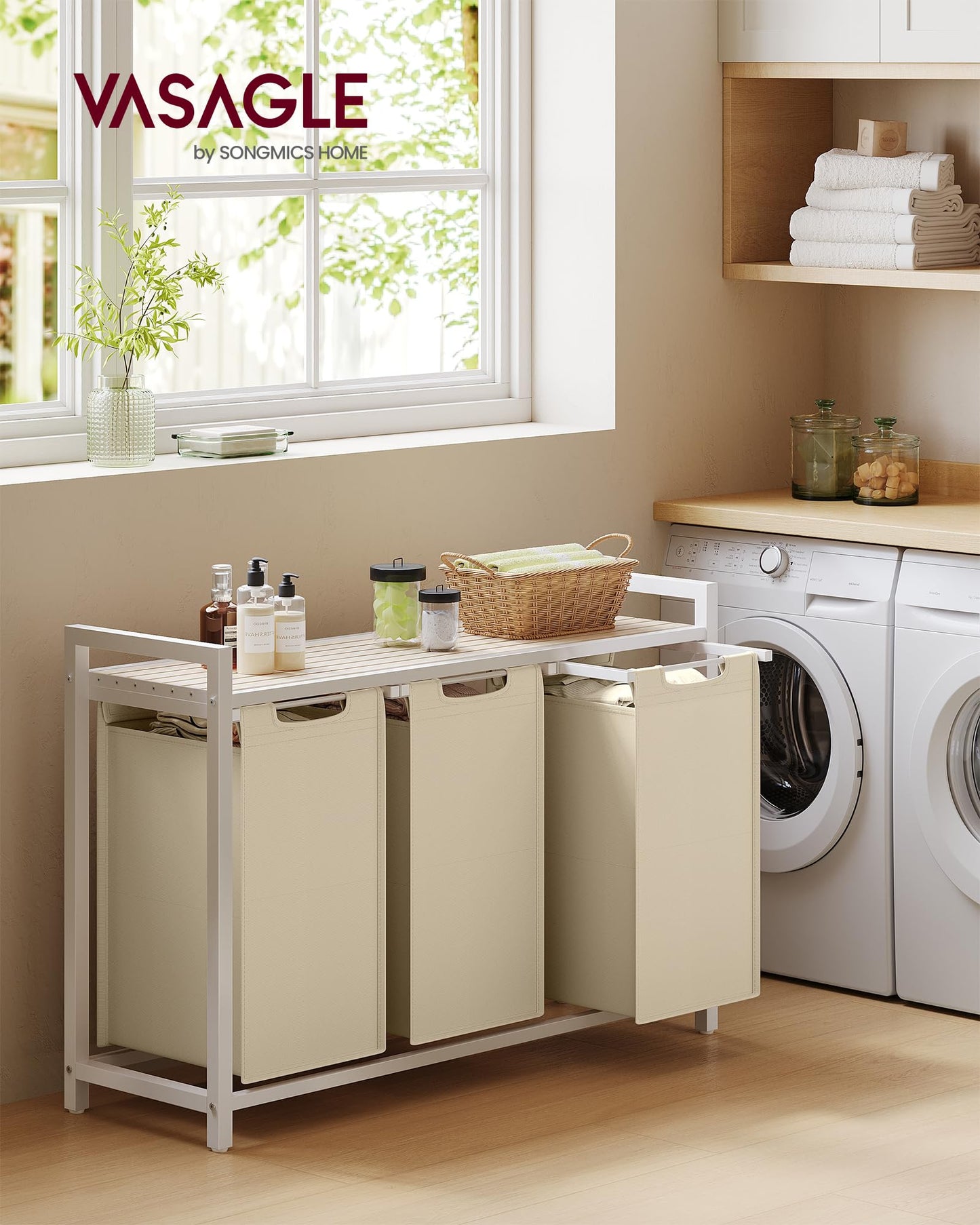 VASAGLE Laundry Hamper, Laundry Basket Sorter with 3 Pull-Out and Removable Bags, Shelf, Metal