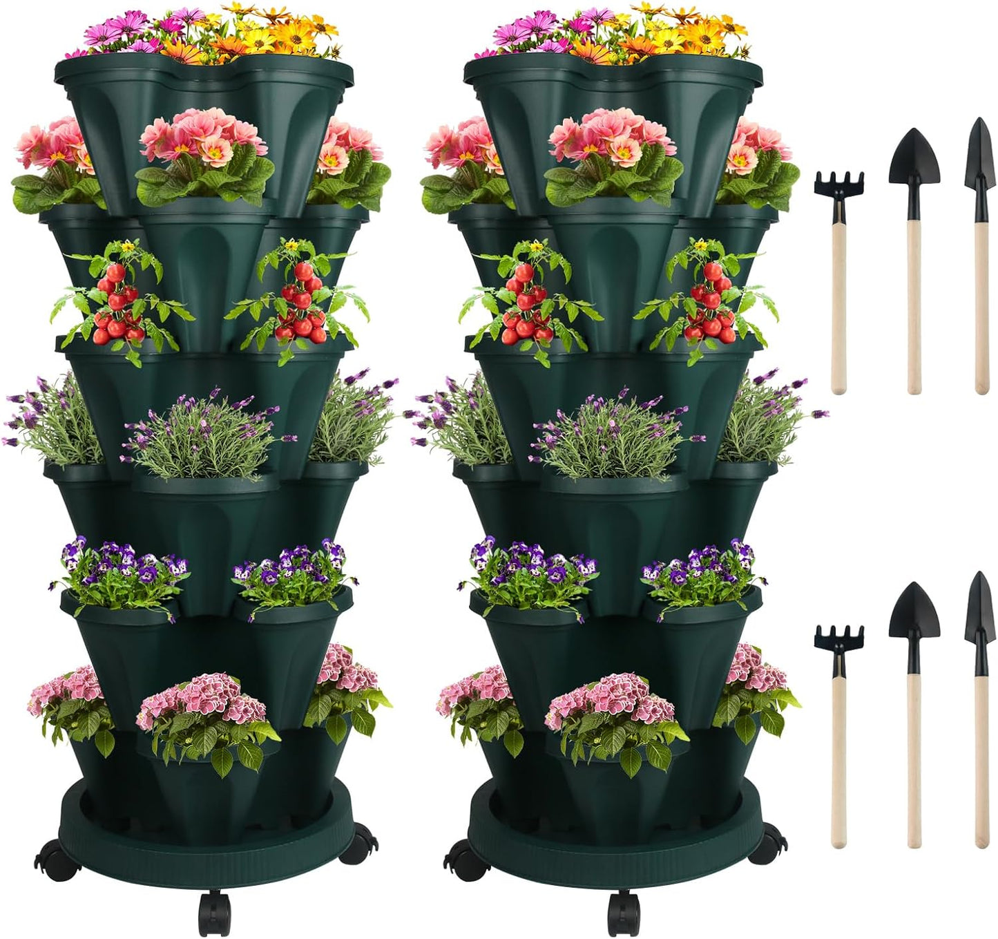 DUNCHATY Stackable Planter, Vertical Garden Planter with Wheels and Tools, Self Watering Strawberry Planter Indoor/Outdoor 6 Tier Herb Planter Pots for Growing Vegetables and Succulents,Pine Green