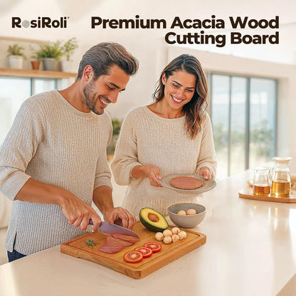 Acacia Wood Cutting Board for Kitchen - 0.8 inch Thick Wood Charcuterie Cheese Board with Side Handles and Juice Grooves, Wooden Chopping Block for Meat and Veggies, 13x10 inch