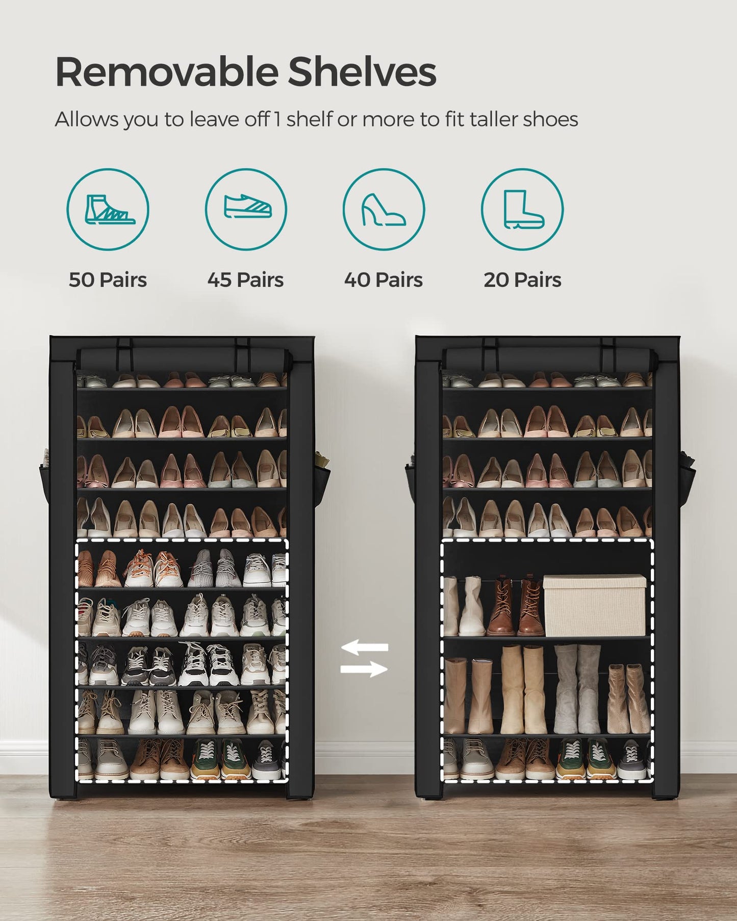 SONGMICS 10-Tier Shoe Rack, Shoe Storage Cabinet with Dustproof Cover, Free-Standing Shoe Storage