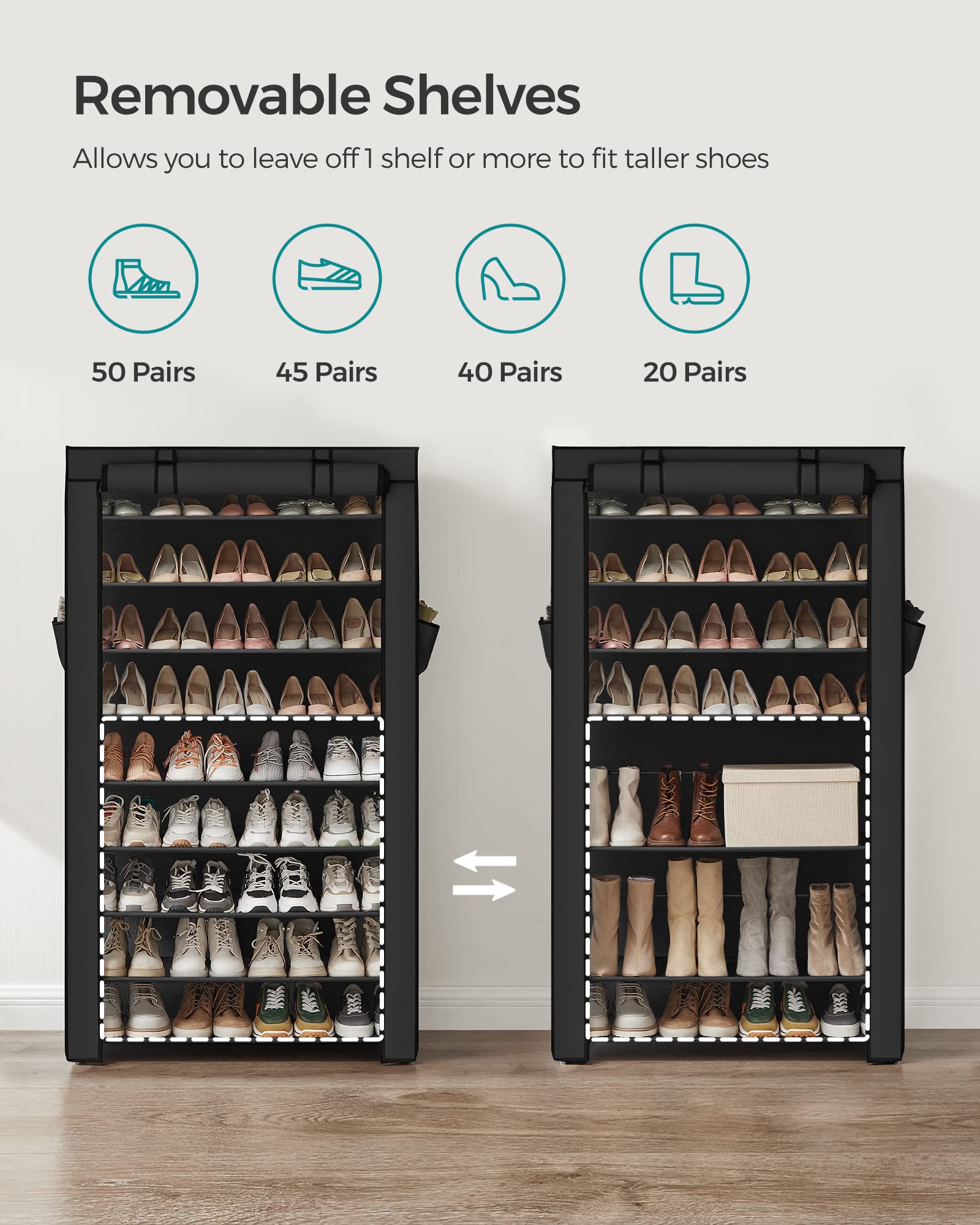 SONGMICS 10-Tier Shoe Rack, Shoe Storage Cabinet with Dustproof Cover, Free-Standing Shoe Storage