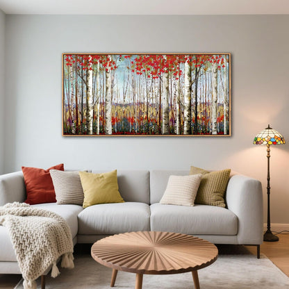 Large Framed Wall Art for Living Room Birch Tree Wall Decor Red Forest Painting Artwork Wall Decoration Nature Pictures Wall Art Fall Above Bed Wall Decor