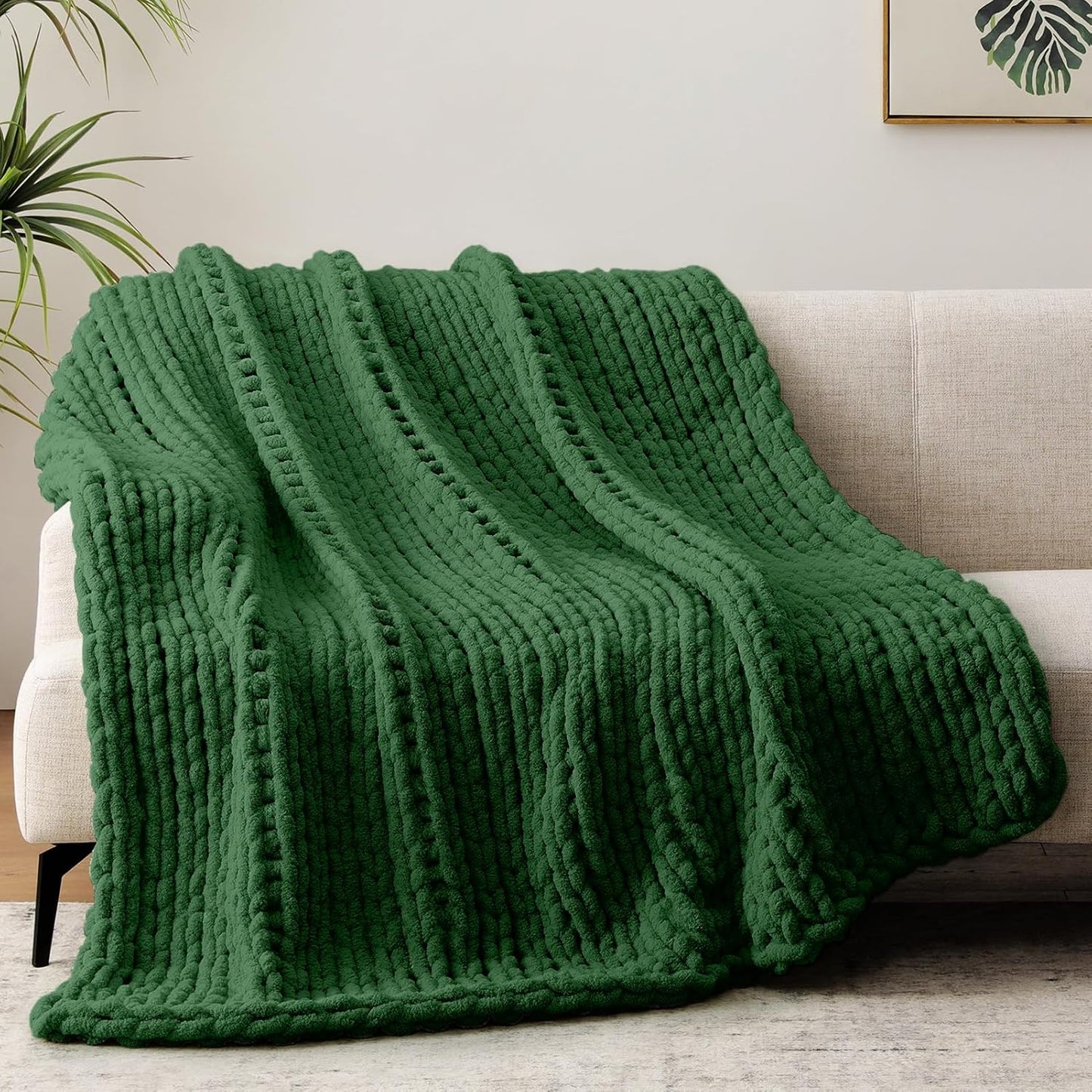 Chunky Knit Throw Blanket, 40''*50'' Knitted Throw Chenille Yarn for Bed Couch, Handmade Grass Green Crochet Big Thick Blanket, Machine Washable Cute Comfy Blanket for Home Decor