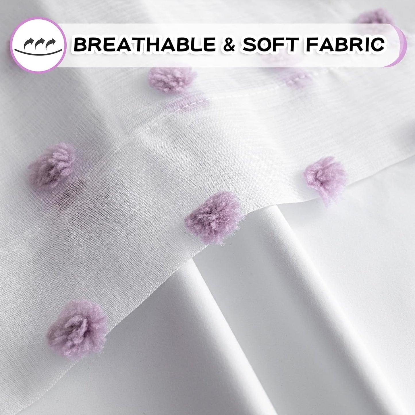 MYSKY HOME 100% Blackout Curtains for Girls Bedroom 54 Inch Long Purple Pom Pom Full Blackout Curtains for Kids Room 2 Panels Room Darkening Small Window Treatment Grommet 2 Layered Drapes 52"W x 54"L