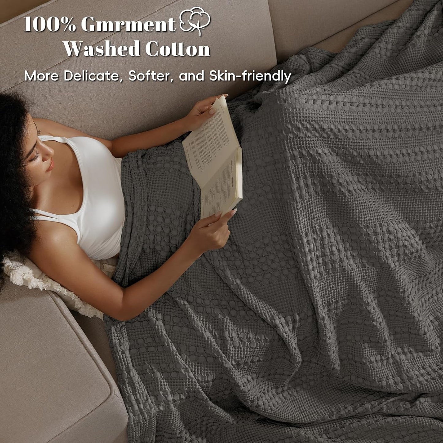 PHF 100% Cotton Waffle Weave Blanket King Size, Soft Lightweight Breathable Cozy Summer Blankets for Bed, Luxury Aesthetic Woven Bedding for Home Decor, 108"x90", Charcoal Grey