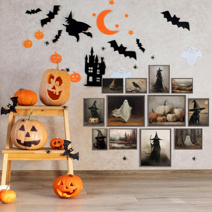 LANCHI95 12 Pcs Halloween Wall Art Prints, Vintage Witch Posters, Cute Ghost Pictures for Bedroom Decor (UNFRAMED)