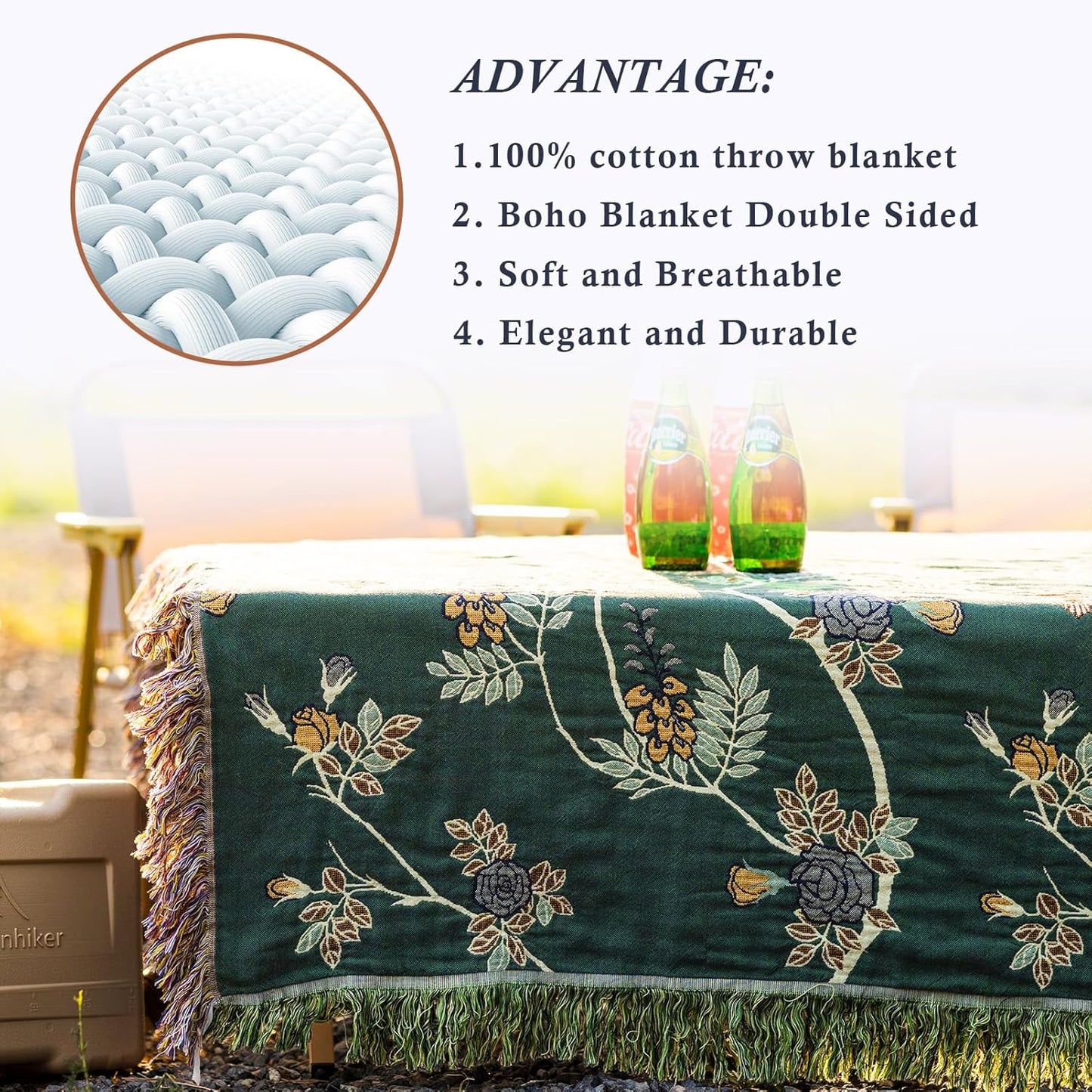 Snycler Boho Throw Blanket for Bed - 100% Cotton Ultra Soft Rustic Quilt Green Hummingbird Printed Farmhouse Decor Bed Blankets,60"×80" All Season Rustic Throw for Sofa Couch Chair