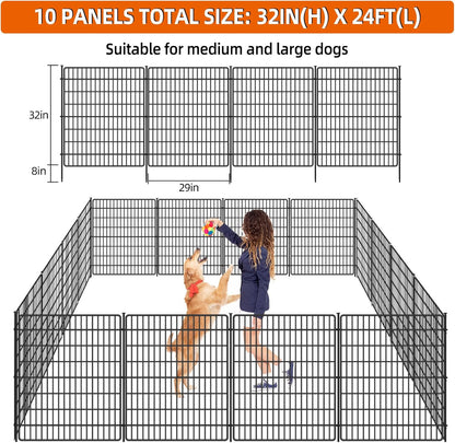 10 Panels No Dig Fence, 32 in(H) X 24 ft(L) Garden Decorative Fence Animal Barrier for Dogs, Rustproof Metal Garden Edging Border for Outdoor, Yard, Patio, Black