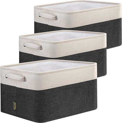 BALEINE 3 Pack Fabric Storage Bins for Shelves, Linen Storage Baskets for Organizing, Decorative Closet Bins for Clothes, Home (Black, 12"x8"x8")