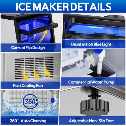 Commercial Ice Maker Machine, 110Lbs/24H, 30Lbs Storage, 36Pcs Clear Ice Cubes in 10-15Mins, Stainless Steel Under Counter or Freestanding Ice Machine - 2 Water Inlet Modes, for Home Party Office