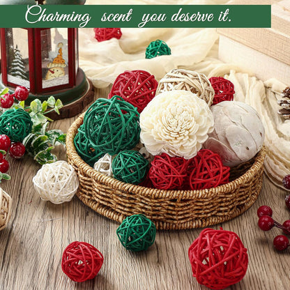 Riceshoot 2 Pack Decorative Balls Potpourri Bowl Filler Decor Natural Vase Bowl Filler Assorted Spherical Rattan Twigs Wicker Balls Cotton for Home Centerpiece(Red, Green, White)