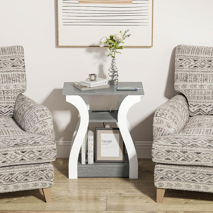 End Tables Living Room, Grey End Table with Charging Station, Grey Side Table, Nightstand for Bedroom, 3 Tier End Table with Storage Shelf for Living Room