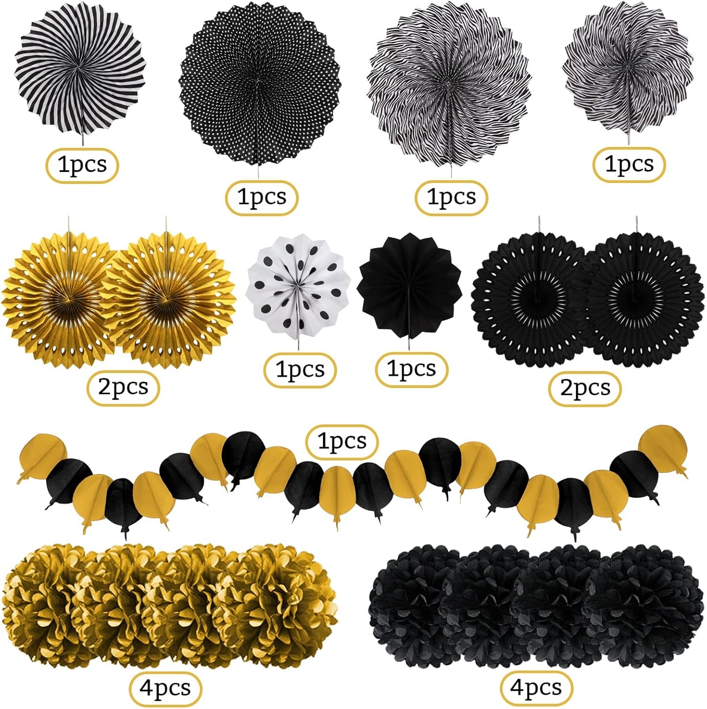Black and Gold Decorations, Paper Pompoms Fan for Graduation Birthday Wedding Prom Night New Years Black and Gold Party Decorations