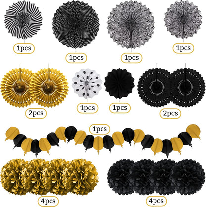 Black and Gold Decorations, Paper Pompoms Fan for Graduation Birthday Wedding Prom Night New Years Black and Gold Party Decorations