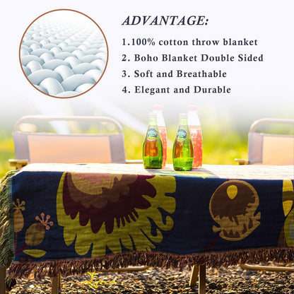Snycler Boho Throw Blanket for Bed, 100% Organic Cotton Muslin Soft Throw-Blue Boho Floral Farmhouse Rustic Spring Summer Fall Decor Blanket for Couch Sofa Quilt and Gift, 80" x 90"