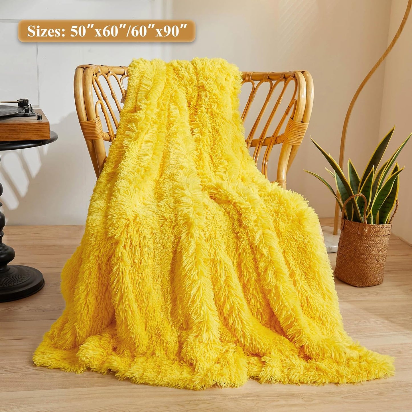 XeGe Luxury Faux Fur Throw, Yellow Soft 50x60 Fluffy Bed Blanket, Cozy Shaggy Plush Decorative Couch Throw, Cute Furry Fuzzy Lap Blanket for Kids Women Men Teen Girls Yellow