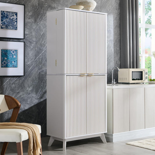 OKD Fluted Kitchen Pantry, 72" Tall Mid Century Modern Storage Cabinet with Adjustable Shelves & Door Organizer, Wood Cabinet for Kitchen, Living Room, Solid White